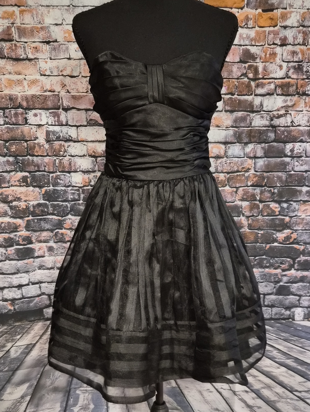 Betsey Johnson Black Strapless Party Dress with Sheer Stripe Skirt